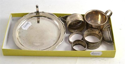 Lot 255 - Two small trays stamped '830 and 925 sterling', pair of silver salts, four napkin rings and...