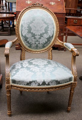 Lot 1206 - A French Gilt Fauteuil, with green Damask seat...