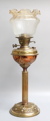 Lot 246 - A Brass Columner Oil Lamp, with etched glass...