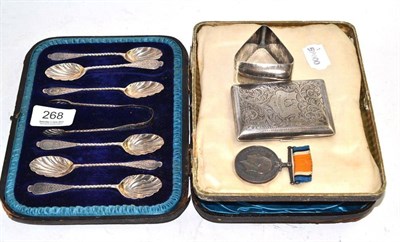 Lot 268 - Cased set of six silver teaspoons and tongs, silver napkin ring, silver cigarette case and a...