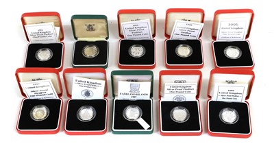 Lot 333 - 10x UK Silver Proof Piedfort £1 Coins,...