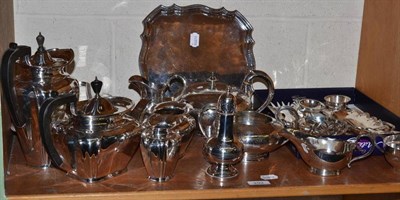 Lot 292 - Shelf of plated ware including entree dish, two tea services, flatware, etc