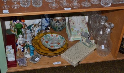 Lot 294 - A shelf of decorative ceramics and glass including a cheese dish and cover, a pair of Georgian...