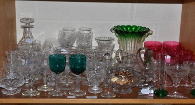 Lot 297 - A shelf of decorative glass including cut glass decanter and stopper, pair of fruiting vine...