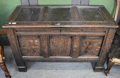 Lot 1224 - An 18th Century Three Panel Oak Coffer, carved...