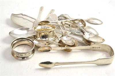 Lot 330 - Small quantity of silver including two pairs of tongs, two napkin rings, six egg spoons, etc