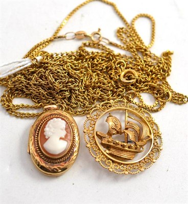 Lot 338 - A cameo pendant on chain, a boat pendant on a box link chain and a necklace