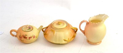 Lot 351 - A Royal Worcester blush ivory miniature teapot; a plain Locke & Co blush ivory jug; a Royal...