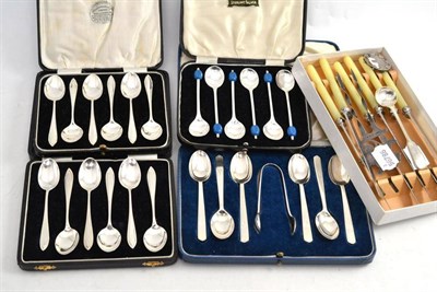 Lot 355 - Four cased sets of silver teaspoons, silver brooch of Durham Cathedral, silver hair comb,...