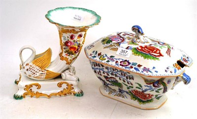 Lot 357 - Masons ironstone tureen and cover and a Victorian swan mounted cornucopia (2)