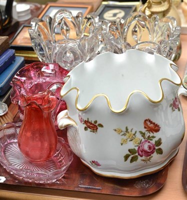 Lot 366 - Continental floral decorated cache pot, cranberry glass etc