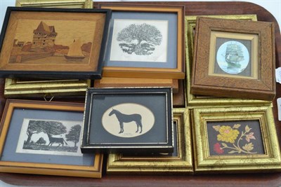 Lot 369 - A tray of framed marquetry panels and a small Chinese watercolour