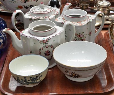 Lot 373 - Three Newhall silver shaped teapots, one with cover, Worcester blue and white bowl (a.f.) and...