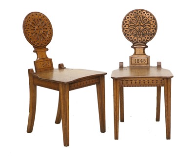 Lot 829 - A Pair of Victorian Carved Oak Hall Chairs,...