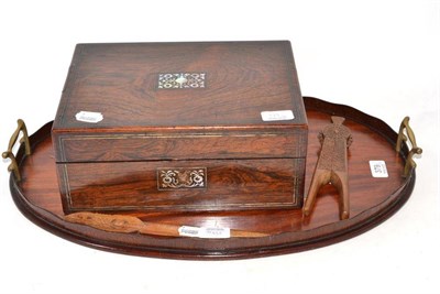 Lot 379 - An Edwardian mahogany oval galleried tray; a Victorian inlaid rosewood work box; a pair of...