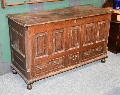 Lot 1273 - An 18th Century Oak Mule Chest, the hinged lid...