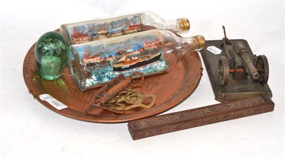 Lot 383 - A Johnnie Walker copper advertising tray, a Victorian dump paperweight, two ships in bottles, a...