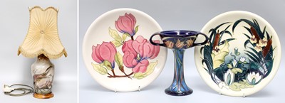 Lot 201 - Two Moorcroft Plates, Cobridge lamp and a...