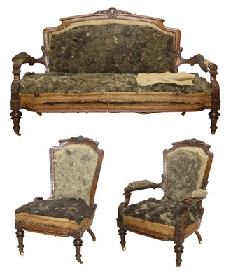 Lot 850 - A Victorian Carved Walnut-Framed Three-Piece...