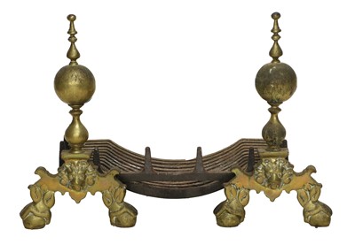 Lot 1200 - A Pair of Victorian Brass Andirons, with lion...