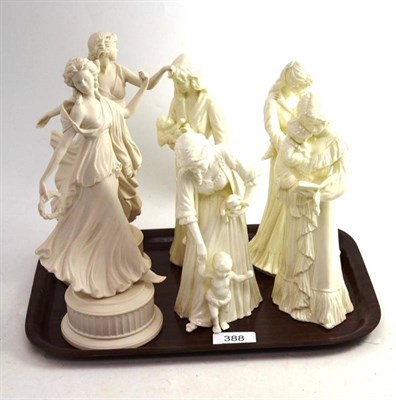 Lot 388 - A set of four Royal Worcester figures of ladies and two Wedgwood Parian figures `The Dancing Hours'