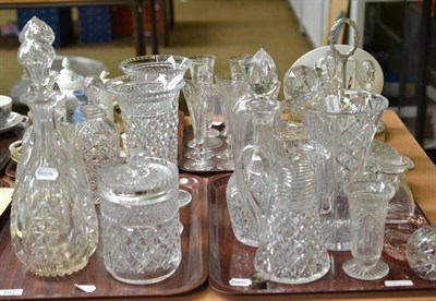 Lot 392 - Two trays of decorative cut glass including a pair of hobnail cut trumpet vases, a pair of...