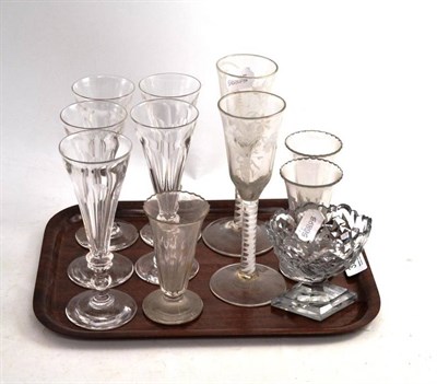 Lot 393 - A pair of opaque twist wine glasses, a Georgian Irish cut glass salt, a set of three jelly...