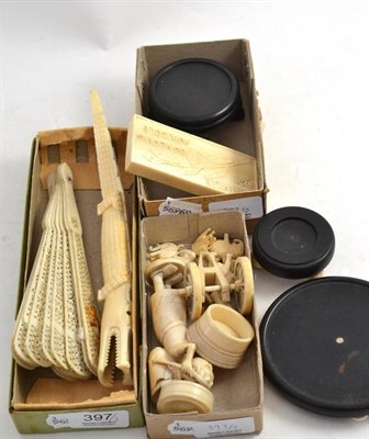 Lot 397 - Quantity of assorted early 20th century African ivory carvings, brisee fan, etc (in three small...