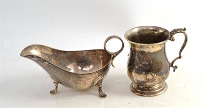 Lot 403 - A Chester silver Christening tankard and a silver sauce boat