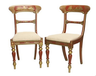 Lot 1335 - A Pair Red Lacquer and Gilt Side Chairs