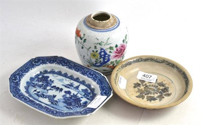 Lot 407 - Chinese small blue and white rectangular dish, provincial Chinese saucer dish and a famille...