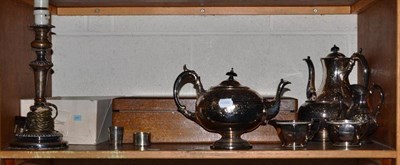 Lot 427 - A shelf of silver plated ware including a Victorian four piece tea and coffee service, an oak...