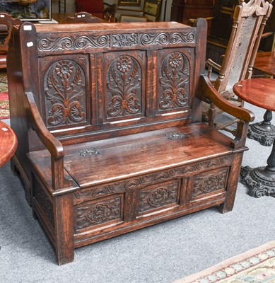 Lot 1305 - An 18th Century Style Oak Box Settle,...