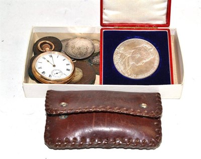 Lot 449 - A quantity of coins, a medallion and a gilt watch