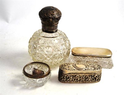 Lot 454 - A Victorian silver topped cut glass scent bottle, a silver topped pin box, a silver mounted salt, a