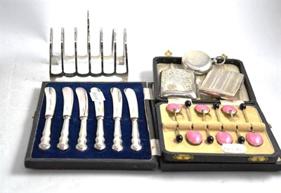 Lot 459 - Cased set enamelled coffee spoons, silver toast rack, cased knives, two cigarette cases and...