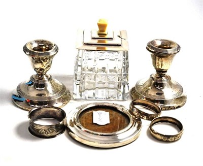 Lot 460 - A silver lidded glass preserve jar; a pair of dwarf silver candlesticks; a small silver...