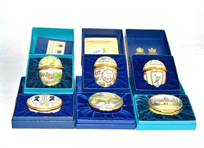 Lot 462 - Three Halcyon Days eggs - Easter 1980, 1979, 1984, and three oval boxes - Chatsworth, Di &...