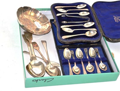 Lot 465 - A silver lobed dish, two cased sets of silver teaspoons, two Georgian silver tablespoons, two...