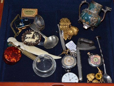 Lot 466 - Box of objects of vertu including three fob watches, silver pencil, bookmarks, gilt metal...