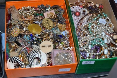 Lot 473 - Assorted modern costume jewellery, necklaces, brooches, bracelets etc (two boxes)