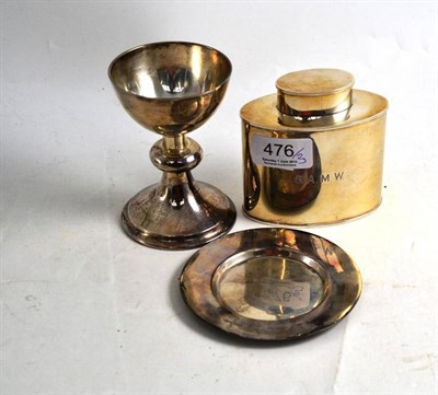 Lot 476 - Silver oval caddy and cover inscribed to front and base, silver communion cup and cover