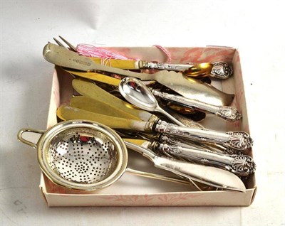 Lot 479 - A set of six modern Scottish silver gilt anointing spoons, a silver Kings Pattern fork and a...