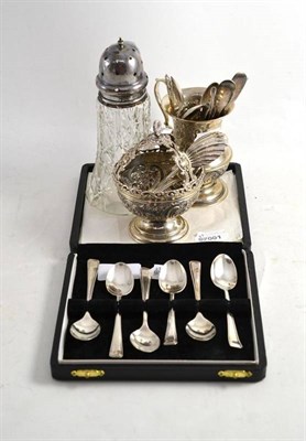 Lot 484 - A collection of small silver including two caddy spoons; a sugar basin; a small mug; a sugar...