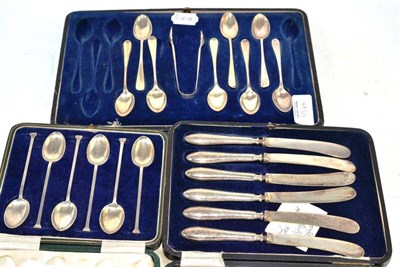 Lot 485 - A cased set of six silver seal end teaspoons, a cased set of eight silver teaspoons and a pair...