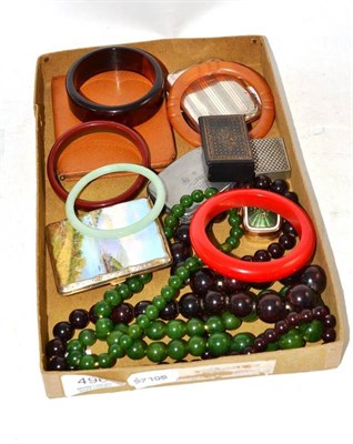 Lot 496 - Jadeite bangle, four Bakelite bangles and two necklaces, enamel cigarette case, papier mache...