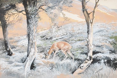 Lot 1069 - Hubert Pepper (1928-1985) Grazing deer in a...