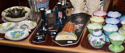 Lot 521 - Three trays of decorative ceramics and glass including a set of eight Maling sundae dishes,...