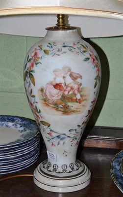 Lot 532 - Opaline glass table lamp and shade decorated with a courting couple and flowers