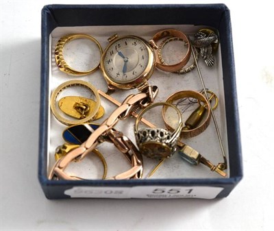 Lot 551 - A 9ct gold watch, stick pin, bar brooch and seven rings including two 9ct wedding bands